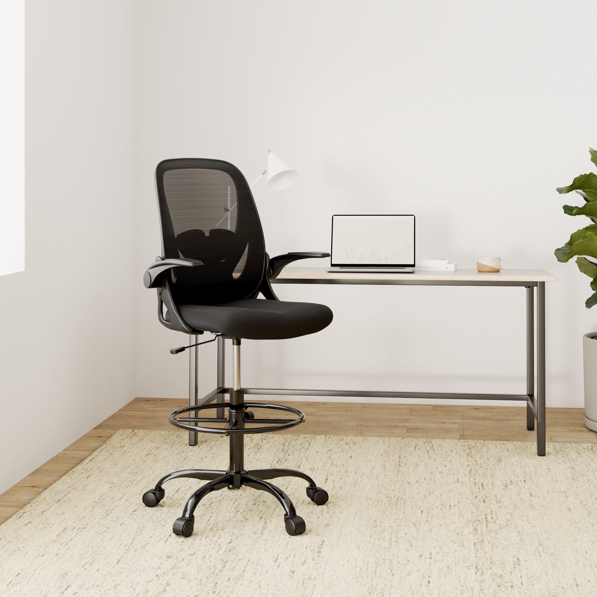 Primy Drafting Chair Tall Office Chair with Flip-up Armrests Executive Ergonomic Computer Standing Desk Chair with Lumbar Support and
