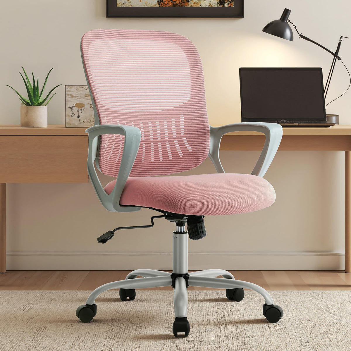 Sweetcrispy Home Office Chair, Mesh Office Chair, Lumbar Support, 18.5"D&Fixed Arm-Plus, Pink