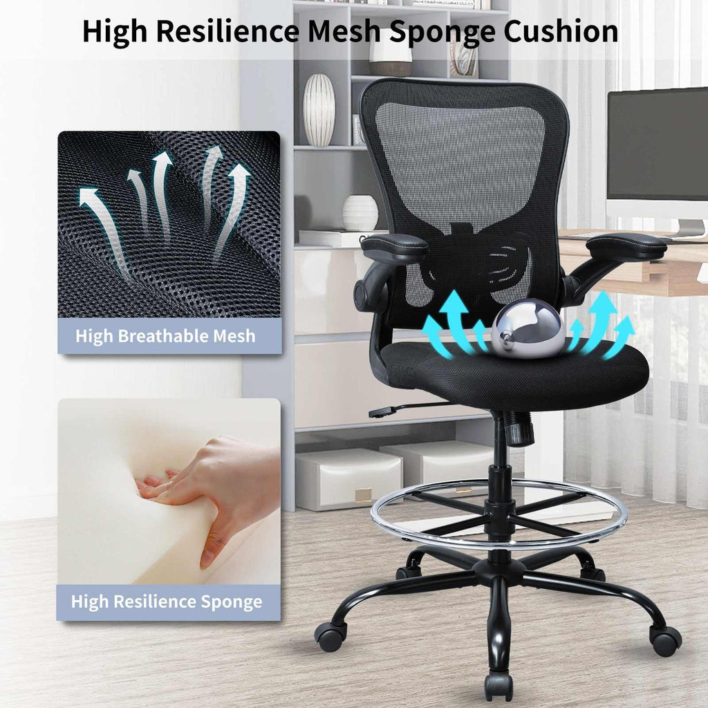 Drafting Chair, Ergonomic Tall Office Chair for Standing Desk, Counter Height Desk Chair with Adjustable Padded Armrests and Footrest Ring