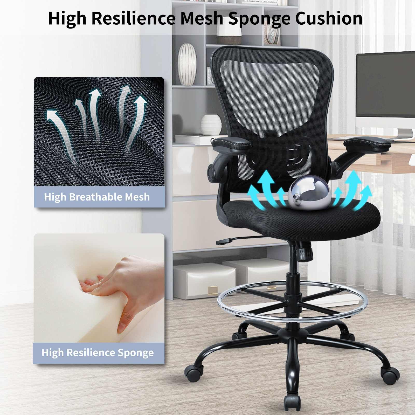 Drafting Chair, Ergonomic Tall Office Chair for Standing Desk, Counter Height Desk Chair with Adjustable Padded Armrests and Footrest Ring