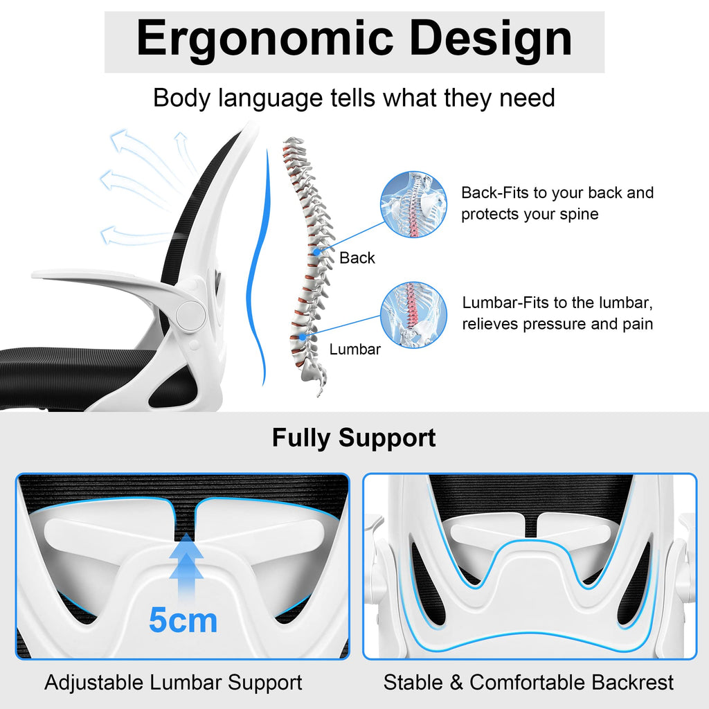 Primy Office Chair Ergonomic Desk Chair with Adjustable Lumbar Support and Height, Swivel Breathable Desk Mesh Computer Chair with Flip Up