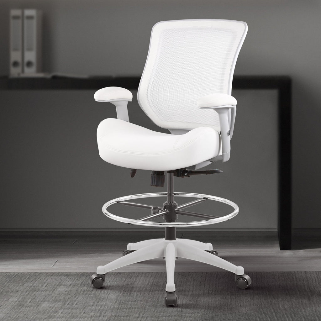 Boliss 400lbs Mesh Ergonomic Office Drafting Chair Big Adjustable Foot Ring Height Adjustable Armrest (wht), 41.7-49.6 inches, White