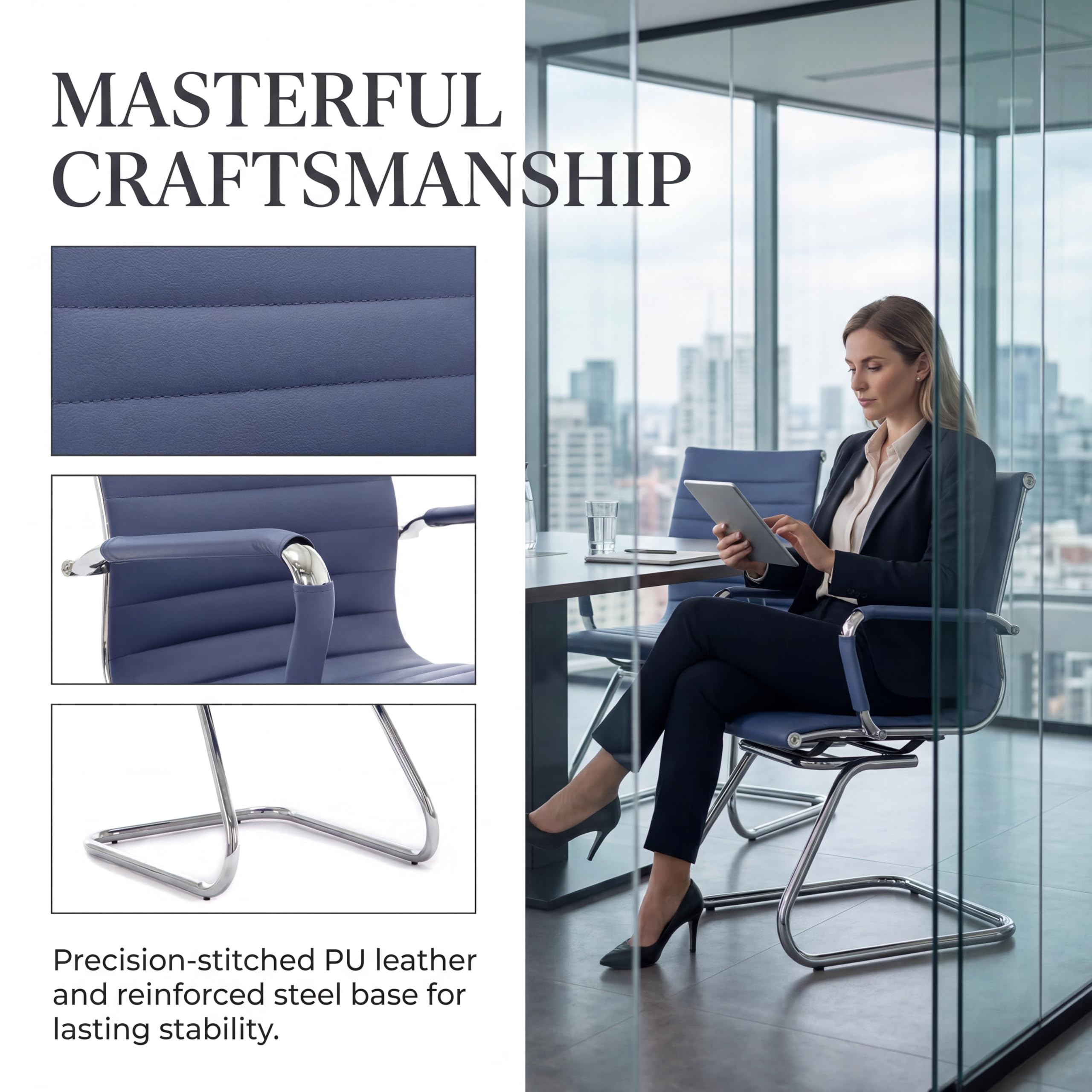 Dm Furniture Conference Room Chairs Set of 4, Office Guest Chair with Armrests, Faux Leather Upholstery & Metal Sled Base, Comfortable Meeting