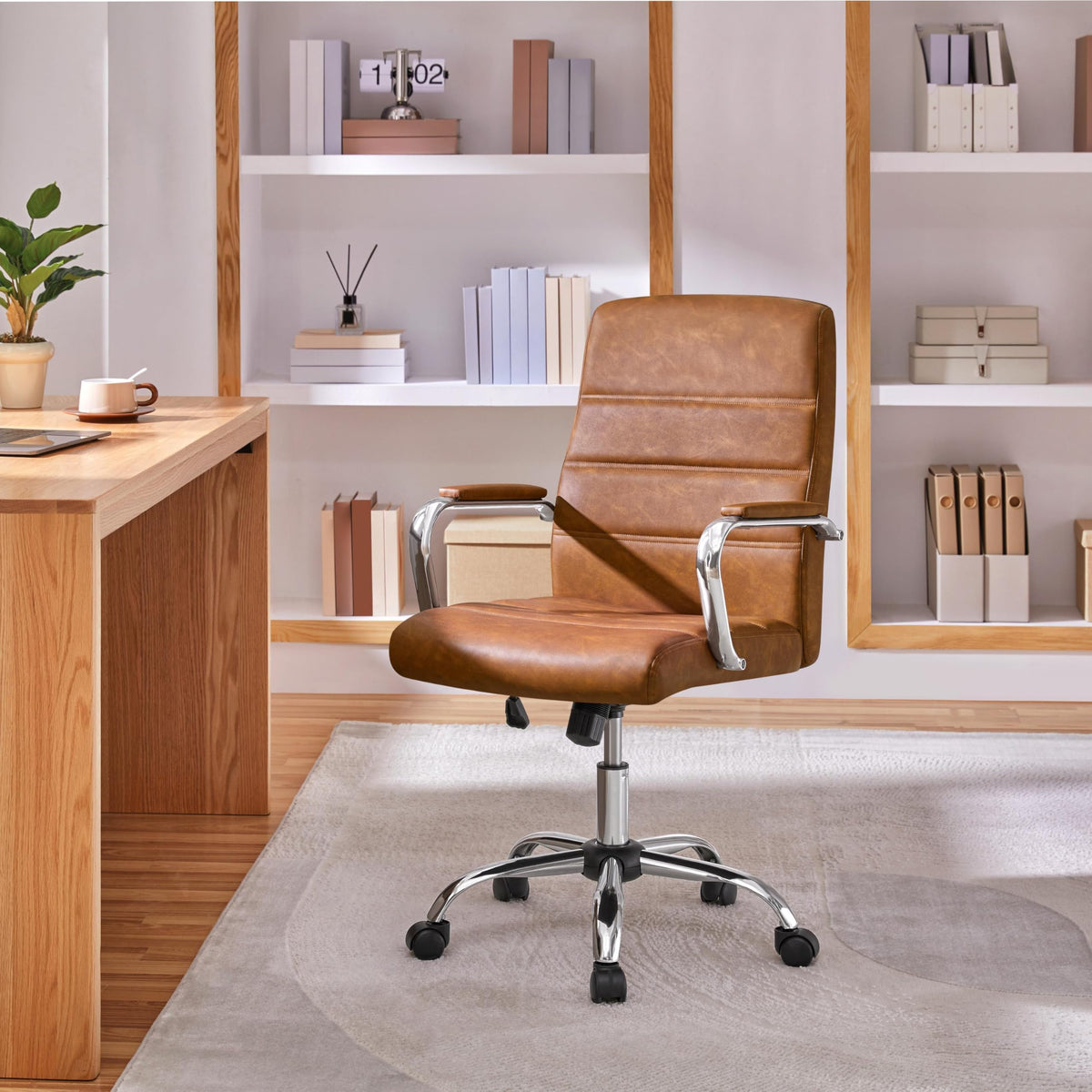 Yaheetech Retro Brown Office Chair Pu Leather Rocking Desk Seat with Arms, 24? W × 25? D × (38-41.5)? H
