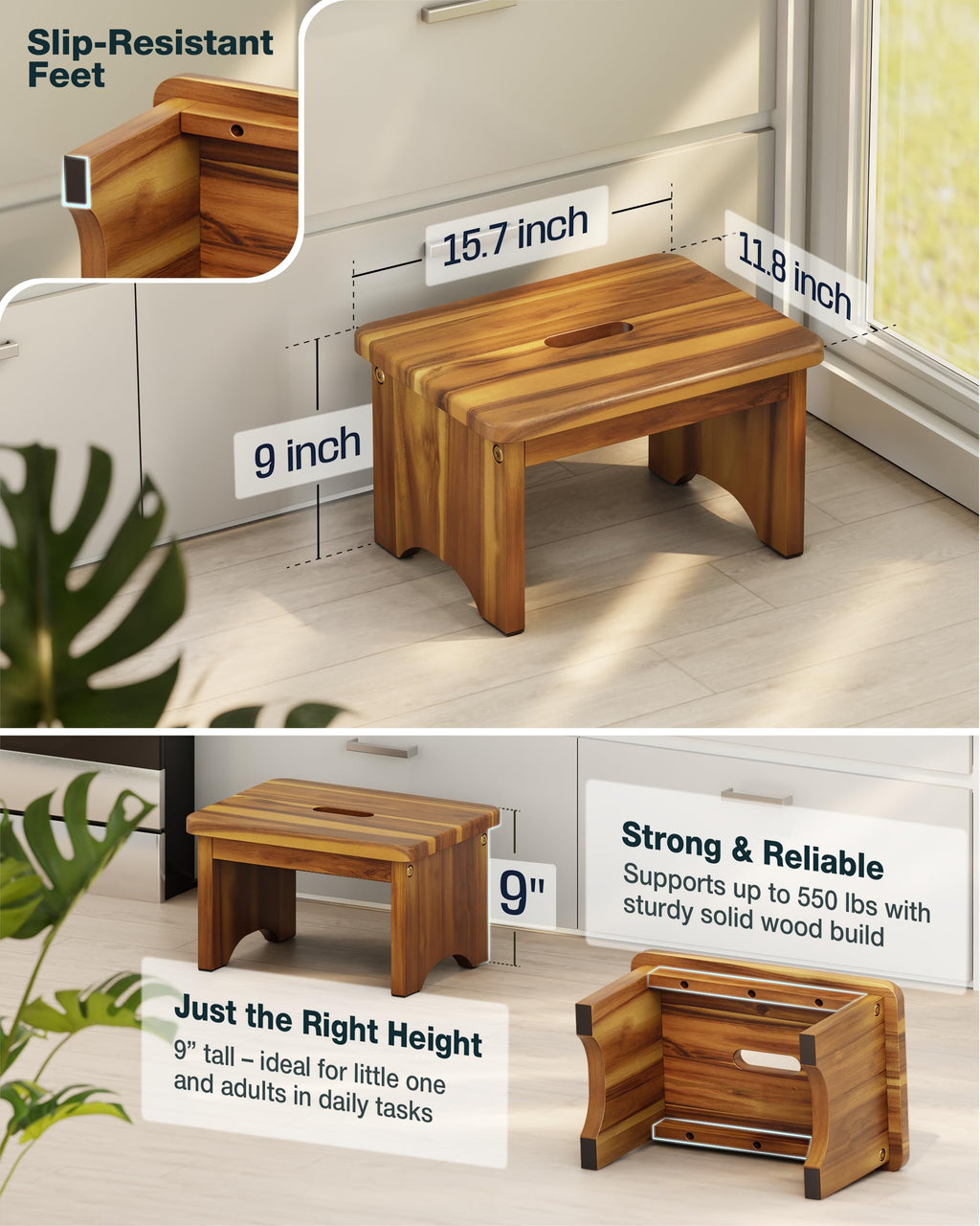 Fanatu Wooden Step Stool, 9'' One Step Stool for Adults, Wooden Beside Step with 550 Lbs Load Capacity, Heavy Duty/portable/nonslip/durable