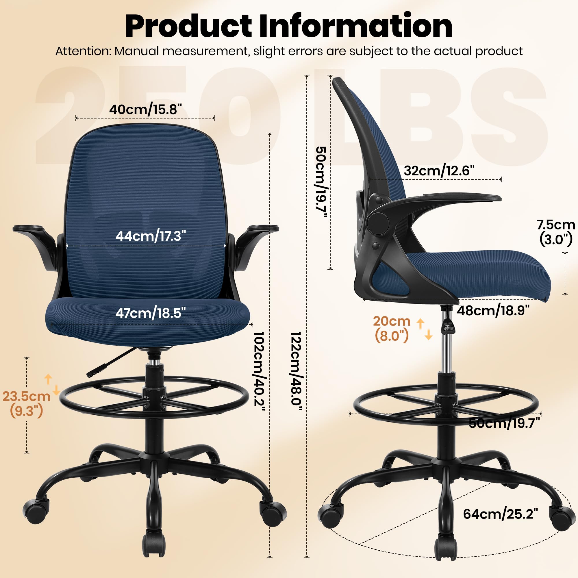 Primy Drafting Chair Tall Office Chair with Flip-up Armrests Executive Ergonomic Computer Standing Desk Chair with Lumbar Support and