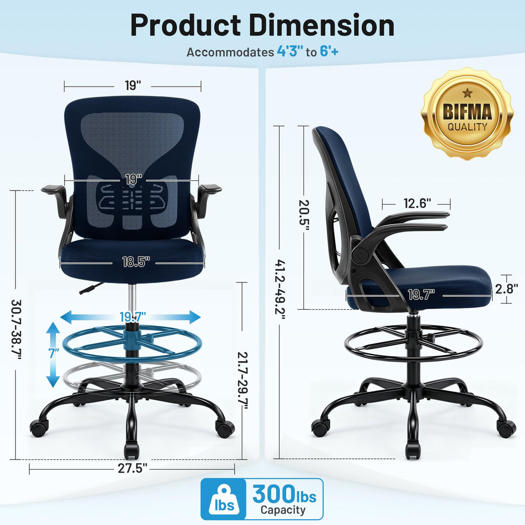 Hayelf Drafting Chair for Standing Desk, Tall Office Chair with 22"-30" Seat Height &7" Lift Footrest Ring, Ergonomic Executive Mesh Computer