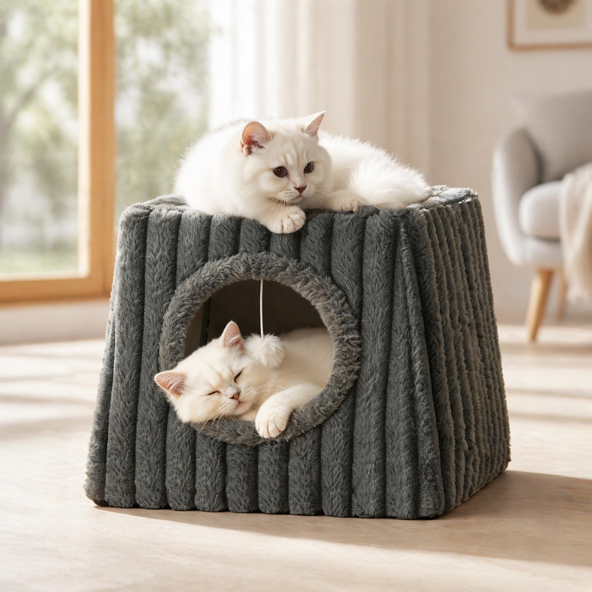 Indoor Cat House - Large Cat Cave Bed with Fluffy Balls, Foldable Cat Bed Cave and Apartment with Pads, Suitable for Multiple Small and Large Cats, 15.74x15.74x13.38 inches(Deep Grey, Large)