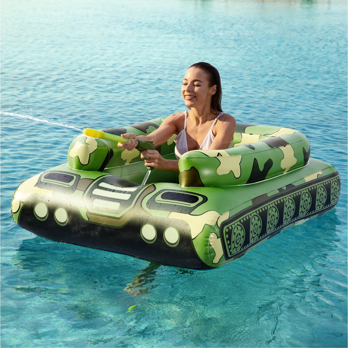 Inflatable Tank Pool Floats Adults - Jasonwell Kids Pool Floaties Swimming Pool Tank with Water Cannon Gun Swim Floaty Rafts Lake Beach Party Pool Toys for Boys Girls Kids Adults Green