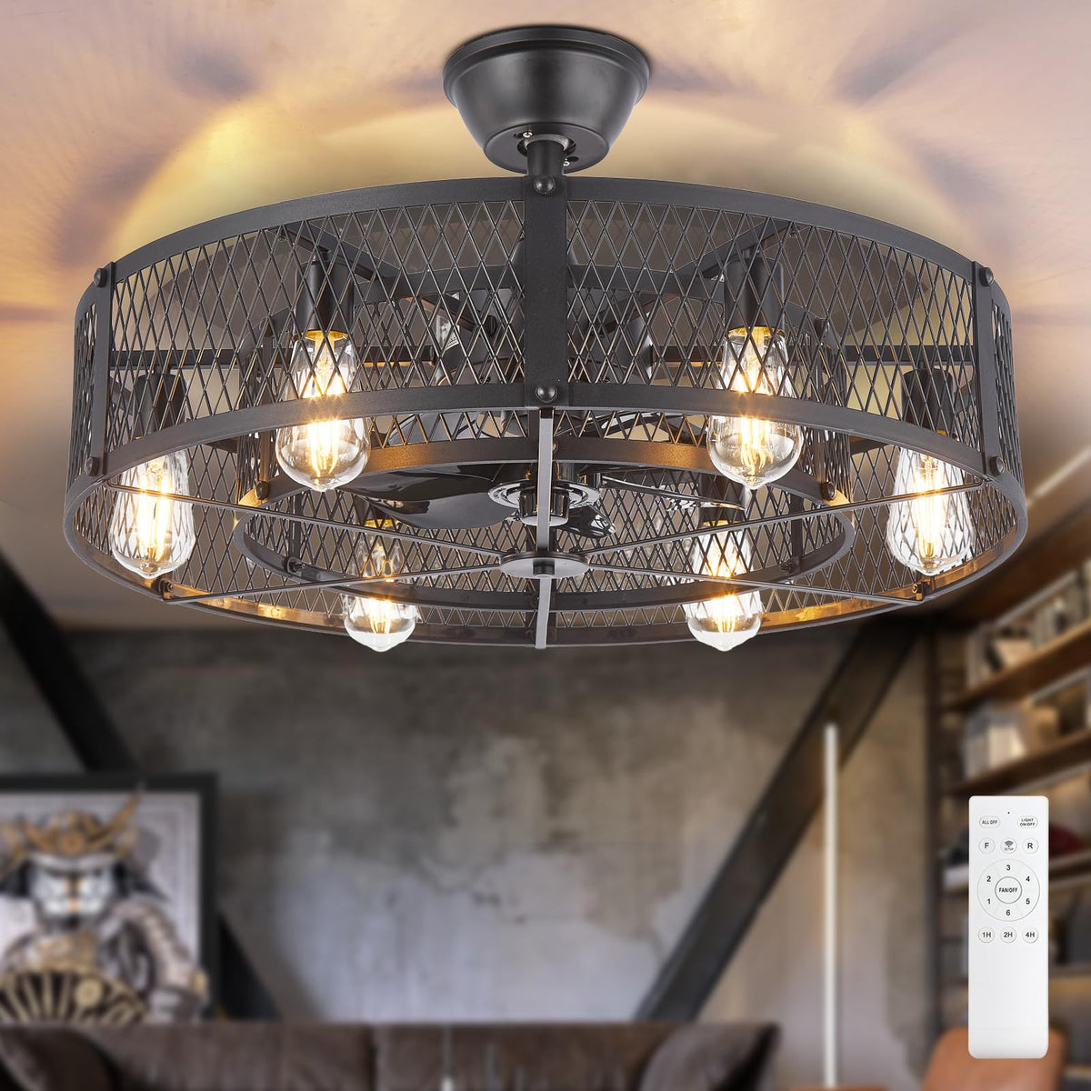 Depuley Outdoor Ceiling Fan with Light: 26" Caged Ceiling Fans with Remote Control for Patio Kitchen Bedroom - Farmhouse Fandelier Flush Mount Lights Fixture Reversible 6 Speed Timer Black