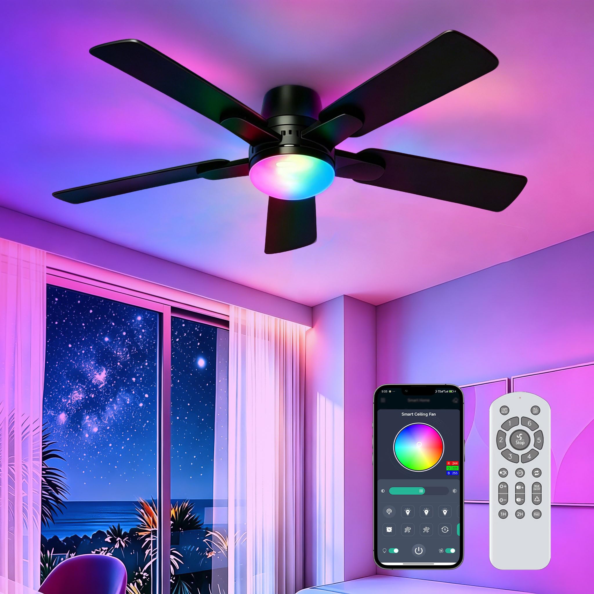 42" RGB Ceiling Fans with Lights, Low Profile Ceiling Fan with Light, RGB+3CCT 6 Wind Speeds, App & Remote Control, Flush Mount LED Fan Light, Fandelier Ceiling Fan for Bedroom, Living Room