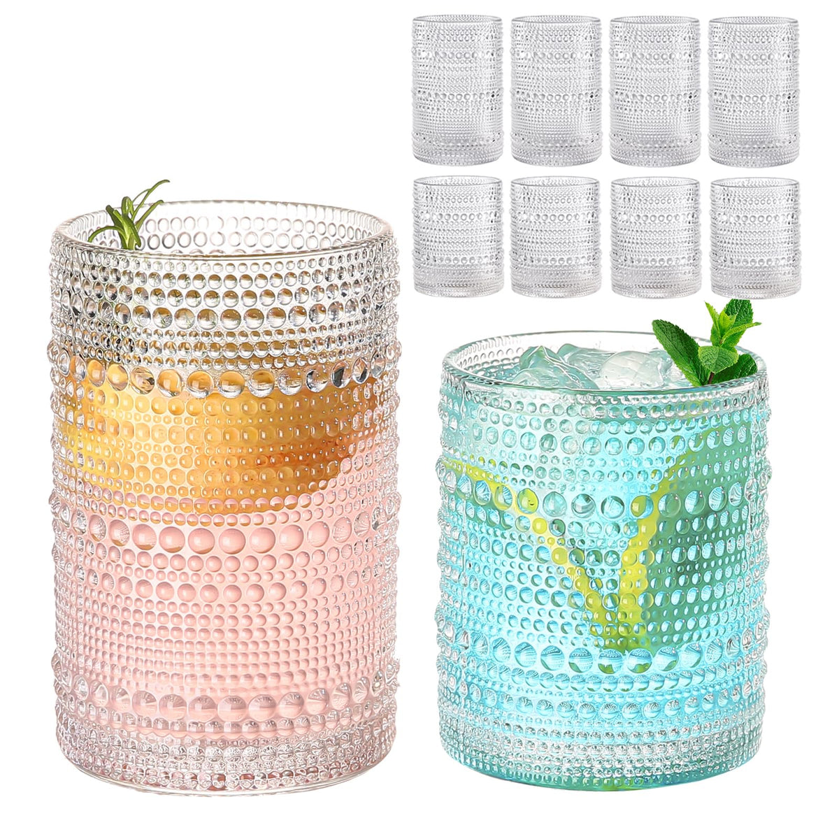 ZMOWIPDL Vintage Hobnail Drinking Glasses Set of 8,Clear 12 oz & 15oz Highball Glass Cups, Kitchen Drinkware Glassware,Embossed Water Tumbler,for Beer,Cocktail,Whiskey,Juice and Various Mixed Drinks