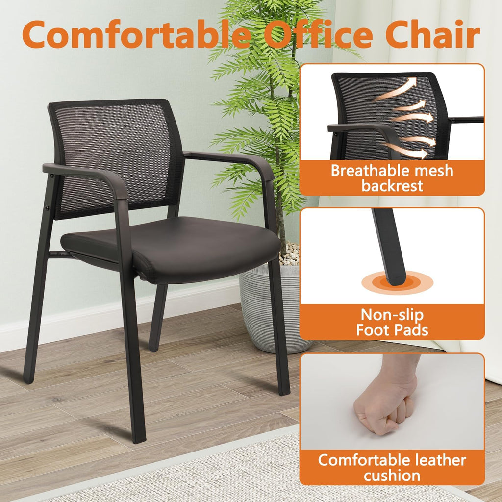 Clatina Stackable Office Chair, Mesh Back Guest Chairs with Comfortable Leather Seat Arms Stacking Ergonomic Desk Chair No Wheels for