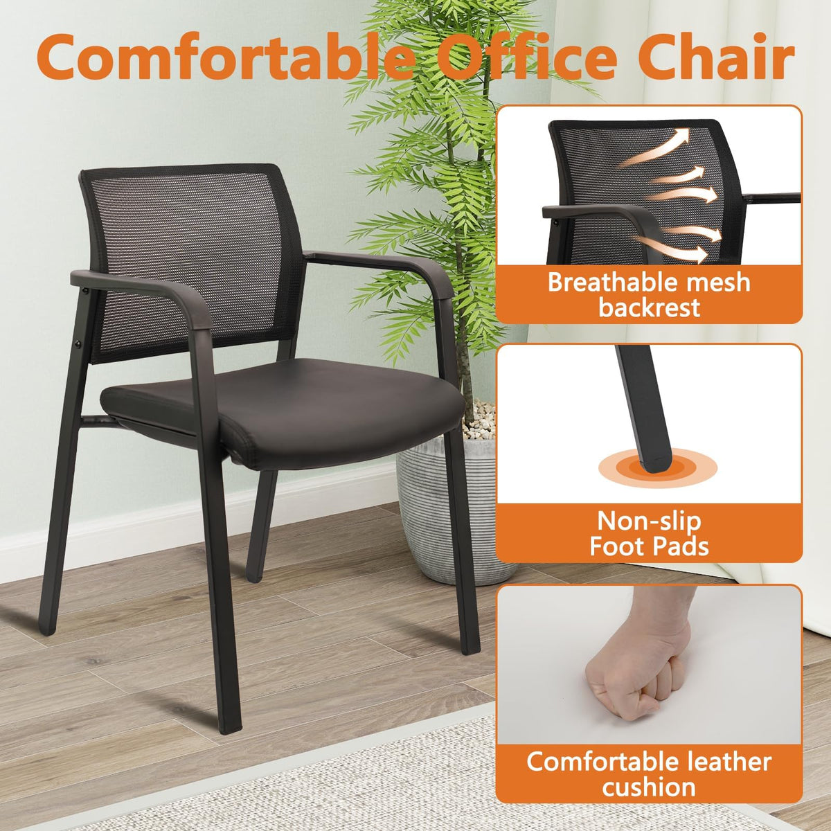 Clatina Stackable Office Chair, Mesh Back Guest Chairs with Comfortable Leather Seat Arms Stacking Ergonomic Desk Chair No Wheels for