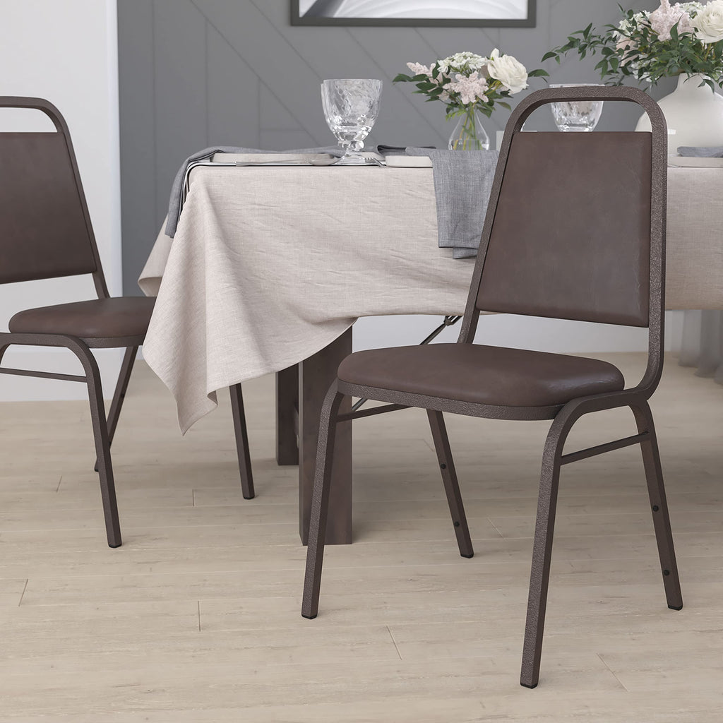 Emma + Oliver Brown Vinyl Trapezoidal Back Stacking Banquet Chair, 17.5"W x 20.25"D x 34"H, Brown Vinyl/copper Vein Frame