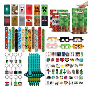 120 PCS Party Favors for Pixel Theme Birthday Party Supplies, Goodie Bag Stuffers Favors includes 50 Stickers, 12 Gift Bags,12 Wristbands,12 Keychains,10 Sword Foil Balloons,12 masks,12 Mini Notepads.