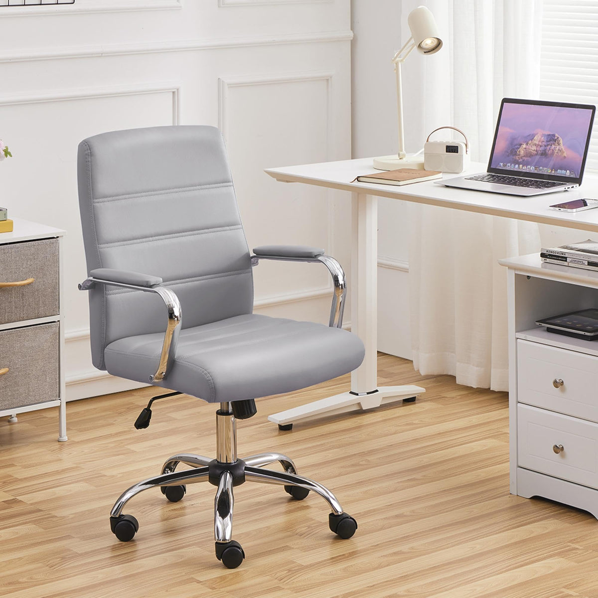 Yaheetech Light Gray Office Chair Pu Leather Swivel Rocking Seat with Arms, 24? W × 25? D × (38-41.5)? H