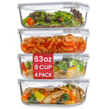 4 Pack 8 Cups/ 63oz Large Glass Storage Containers with Lids, Meal Prep Containers, Glass Food Storage with Airtight Lid for Baking, Leak Proof & Microwave, Oven Safe (4 Containers + 4 Lids)