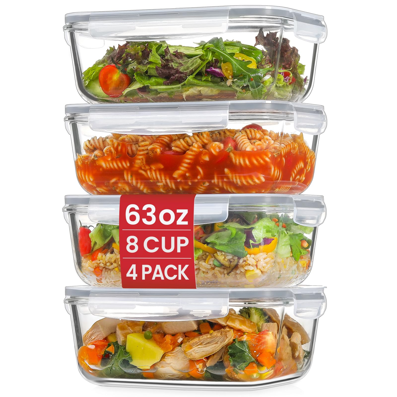 4 Pack 8 Cups/ 63oz Large Glass Storage Containers with Lids, Meal Prep Containers, Glass Food Storage with Airtight Lid for Baking, Leak Proof & Microwave, Oven Safe (4 Containers + 4 Lids)