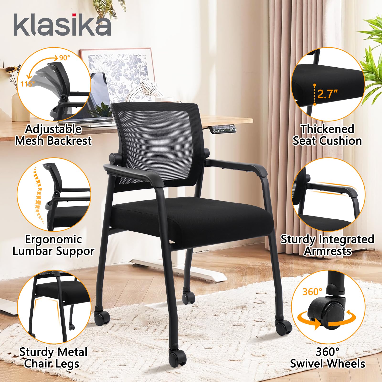 Klasika Waiting Room Chairs with Wheels, Adjustable Mesh Backrest, Desk Chair with Ergonomic Lumbar Support and Thickened Seats Cushion, 2 Pack