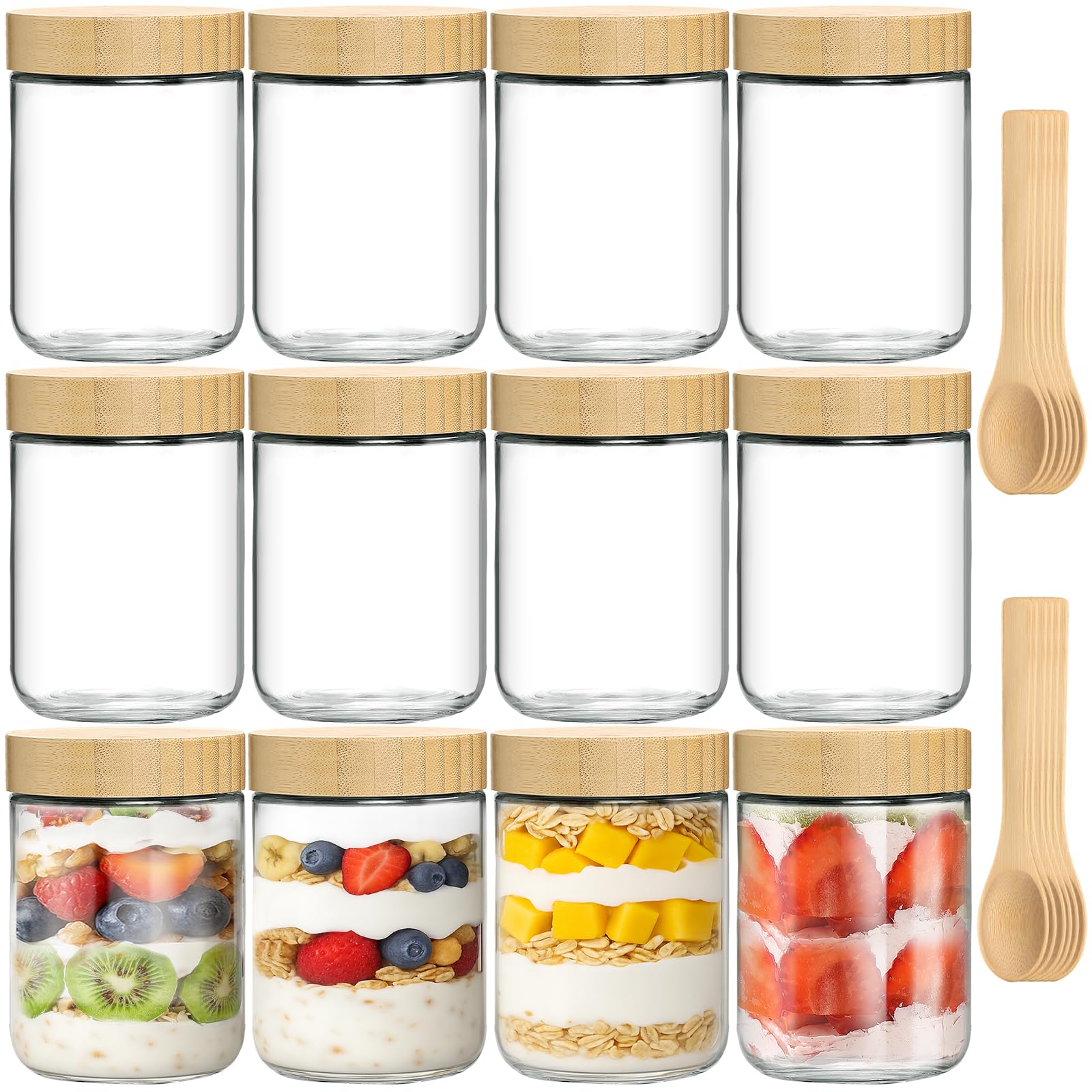 12 Pack 16oz Glass Jars with Bamboo Lids, Spoons, Airtight Overnight Oats Containers, Salad& Yogurt Storage, Mason Jars for Snacks, Spices, Meal Prep – Reusable