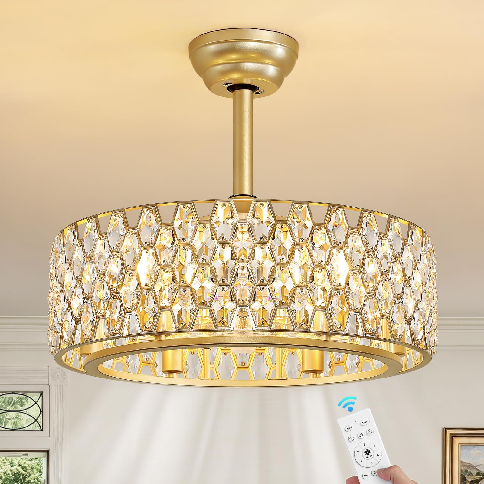 Caged Ceiling Fan with Lights 20 Inch Crystal Gold Fandelier Ceiling Fan with Remote Modern Downrod Bladeless Chandelier Fan Light Fixture for Bedroom Kitchen Living Room
