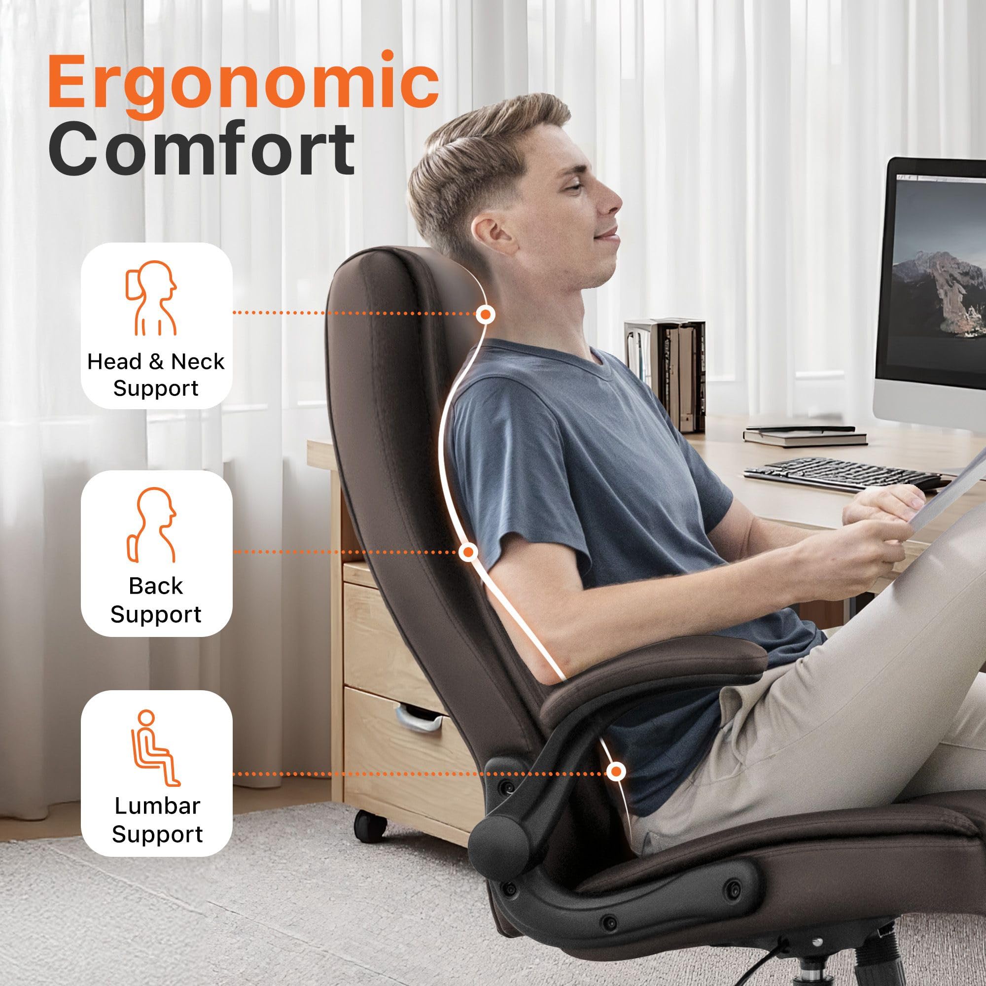 Neo Chair Office Desk Chair, High Back Pu Leather with Flip-up Arms, Brown, Medium