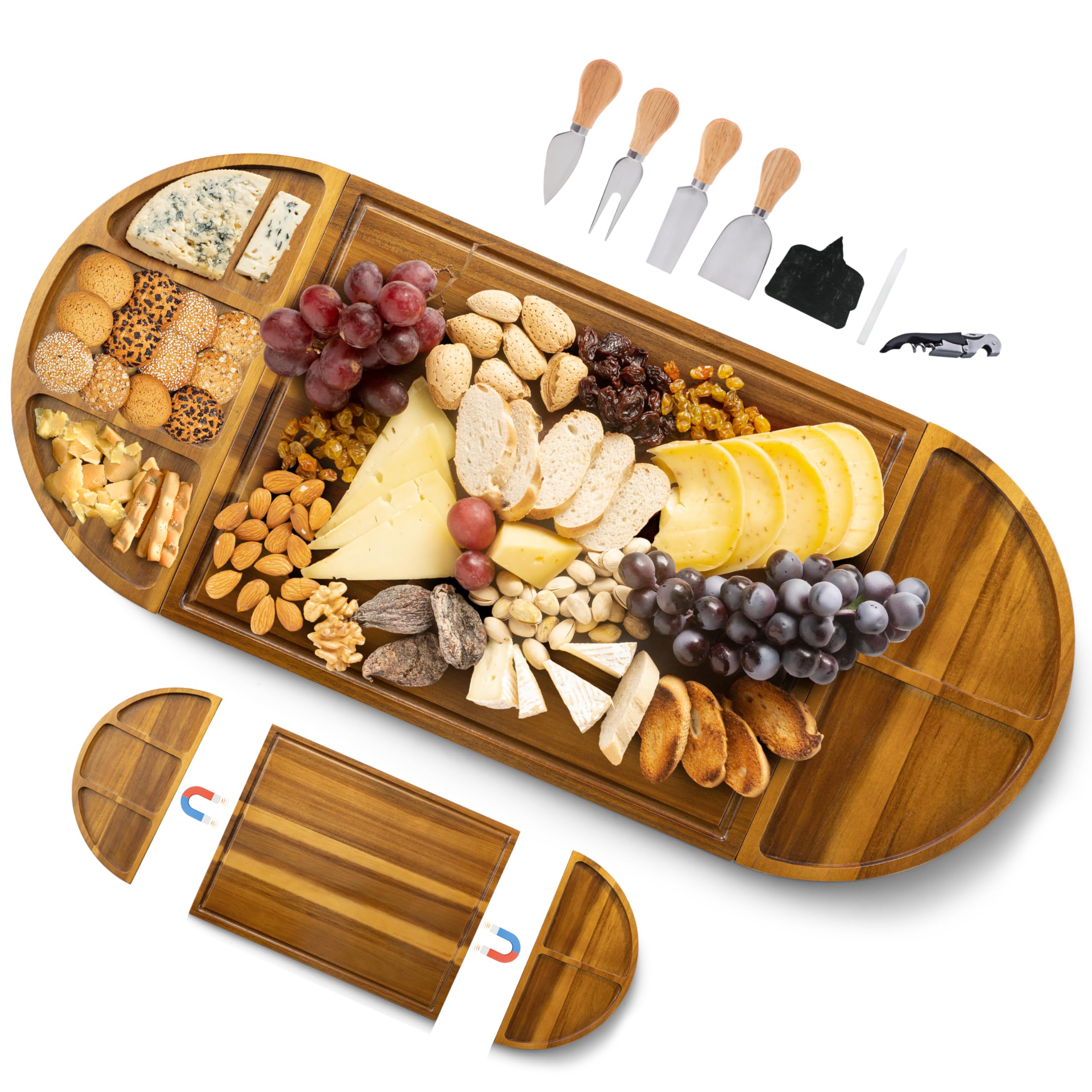 Extra Large Charcuterie Boards, 30'' x 13'' Acacia Cheese Board 3 Part Magnetic Long & Round Boards with Knive Set, Wine Opener & Cheese Marker, Unique Serving Tray for Birthday, Wedding Gift