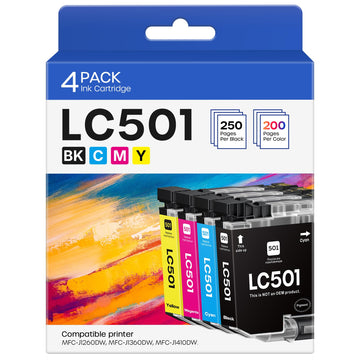 LC501 Ink Cartridges High Yield Replacement for Brother MFC-J1410DW 4-Pack | LC501 LC501XL Ink Set CMYK Compatible with Brother MFC-J1260DW J1360DW J1410DW. 250 Pages Per Black, 200 Pages Per Color