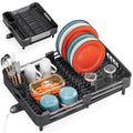 TOOLF Dish Drying Rack, Expandable Dish Rack for Kitchen Counter, Anti-Rust Dish Drainer, Sink Organization and Storage Essentials with Cutlery & Cup Holder, Black