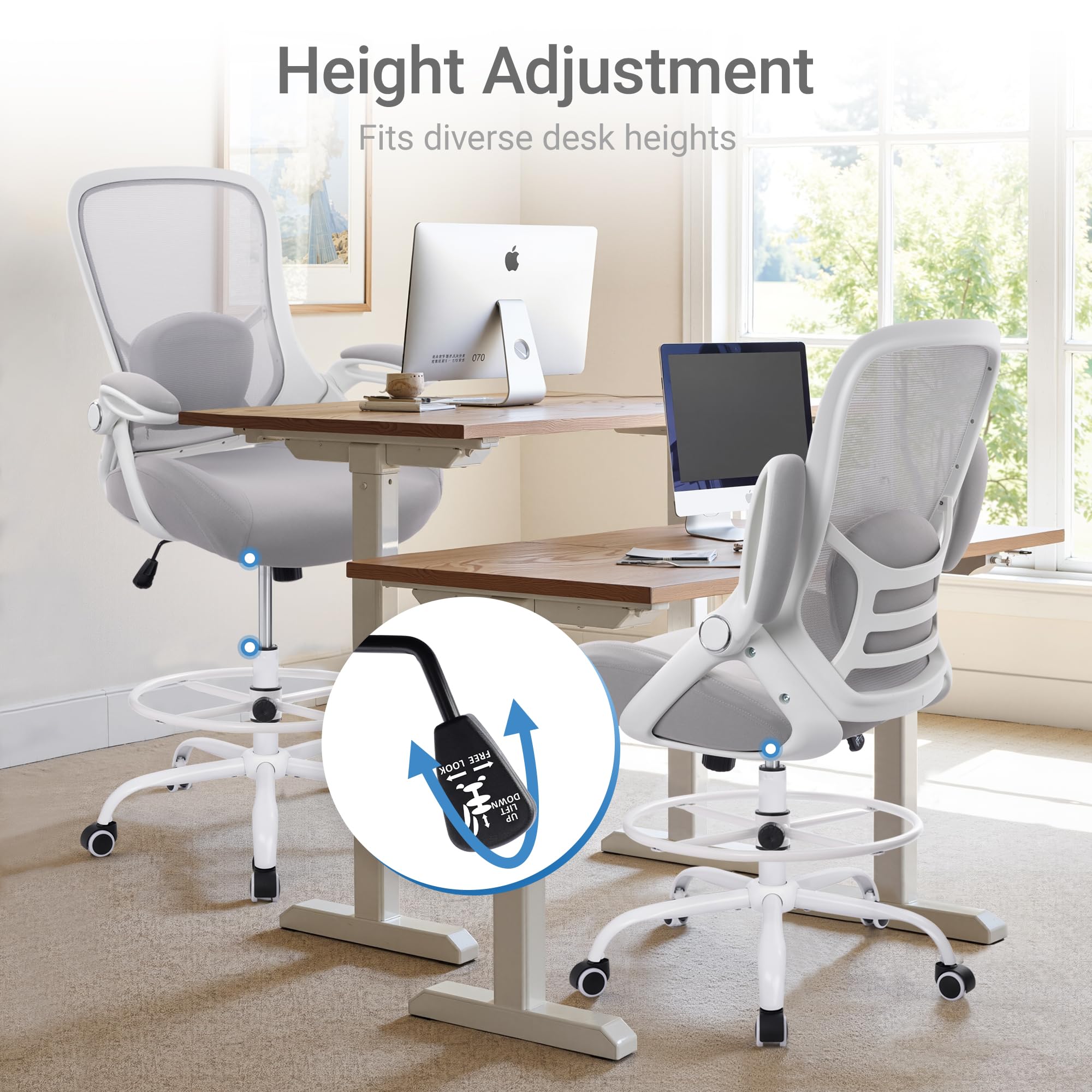 Hylone 400lbs Heavy Duty Drafting Chair 5" Thickened Seat Office Chair with Flip-up Armrests Tall Ergonomic Computer Chair with Lumbar Support