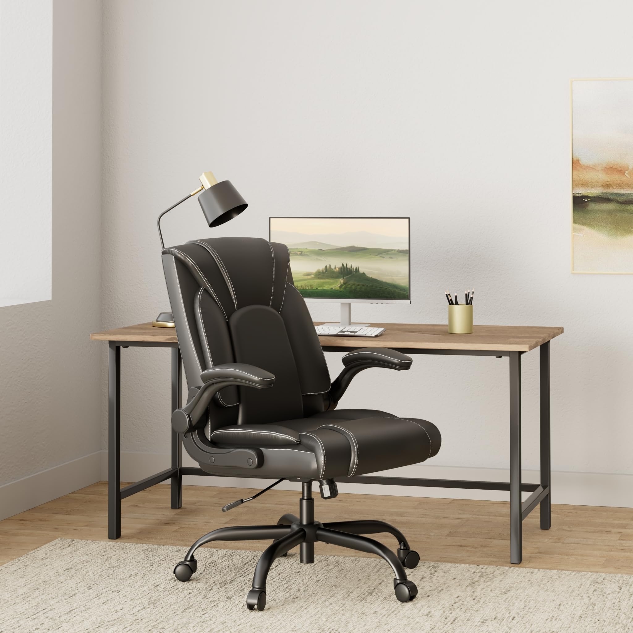 Flip-up Arms Executive Office Chair, 300lbs, Hydrolysis-resistant Leather, Flip Arm Medium, Black
