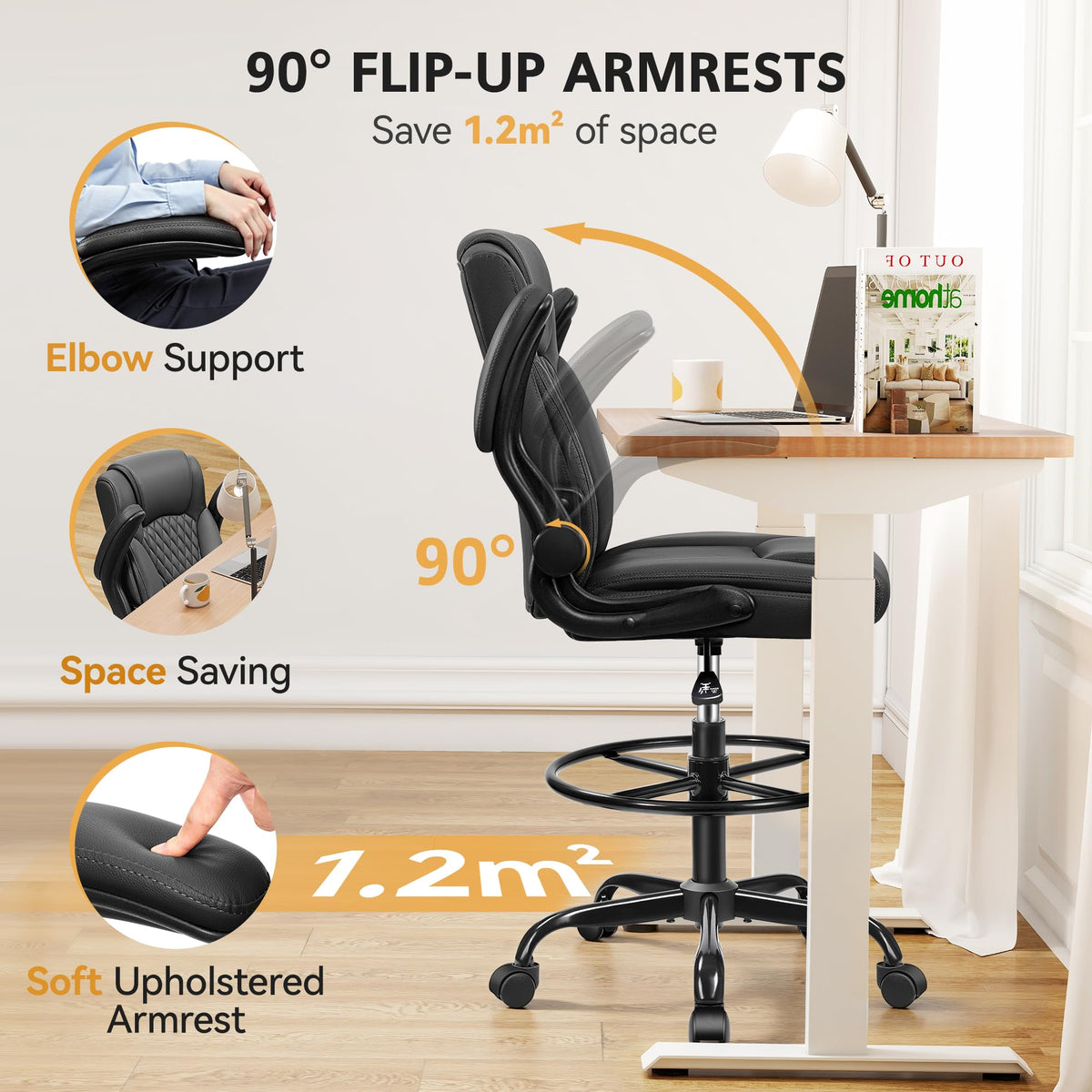 Drafting Chair, Tall Office Chair for Standing Desk, High Executive Leather Ergonomic Computer Chair with Adjustable Height and Flip-up Armrest