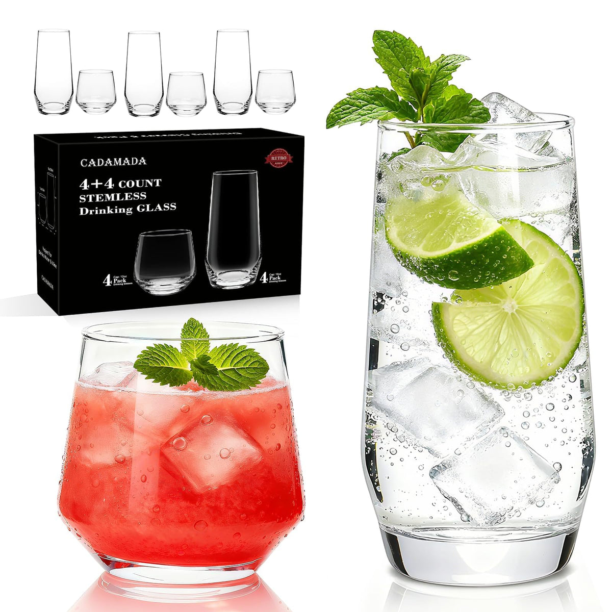 Drinking Glasses Set, 4 Highball Glasses 18 oz & 4 Stemless Rocks Glasses 13 oz,Glass Cups,Glassware Sets for Cocktail, Beer, Wine, Whiskey, Water & Juice Drinkware