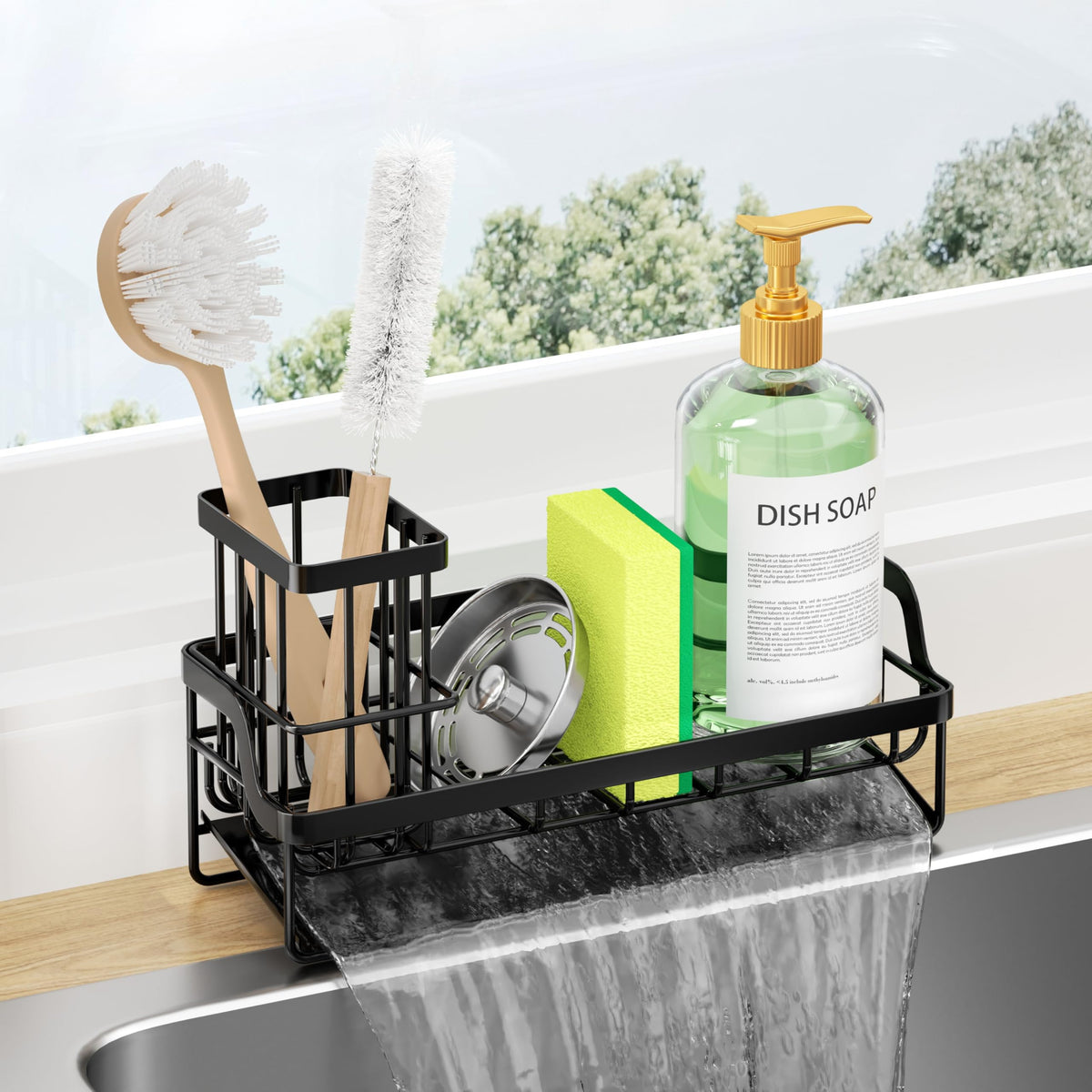Sponge Holder for Kitchen Sink - Sink Caddy with Stainless Steel Self Drain Tray, Sink Organizer with High Brush Holder Countertop for Kitchen Sink Accessories, Black