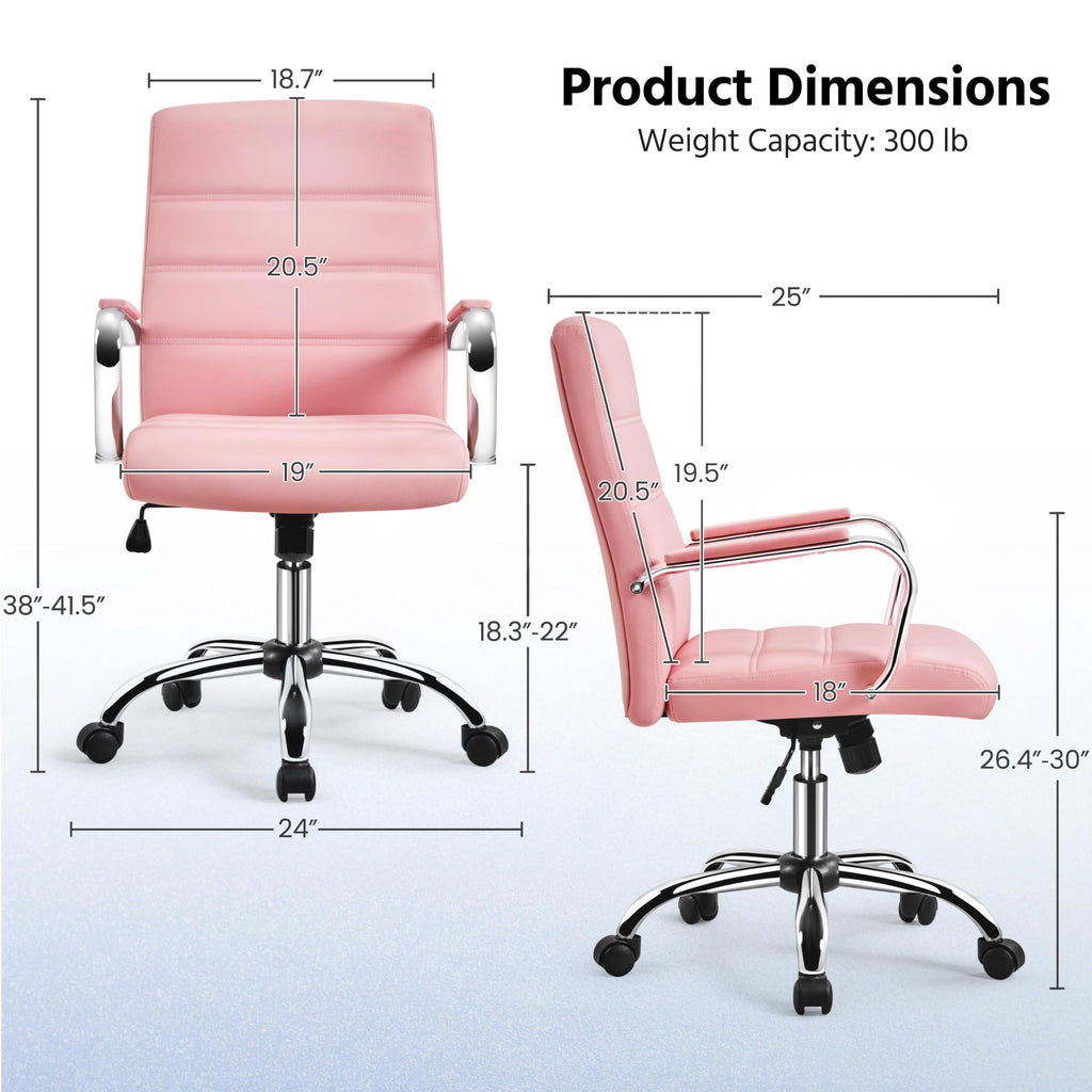Yaheetech Pink Office Chair Pu Leather Swivel Rocking Desk Seat with Arms, 24? W × 25? D × (38-41.5)? H