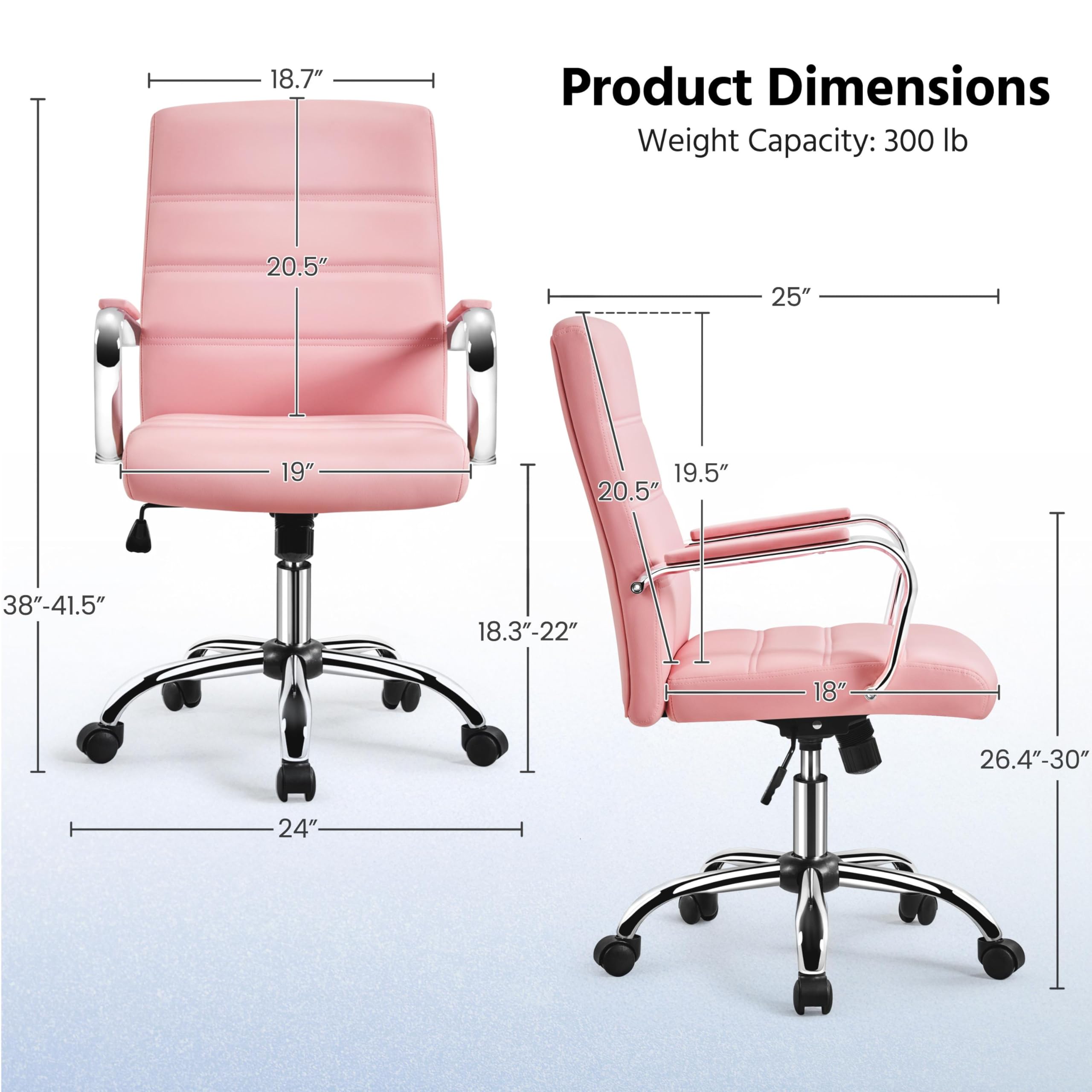 Yaheetech Pink Office Chair Pu Leather Swivel Rocking Desk Seat with Arms, 24? W × 25? D × (38-41.5)? H