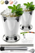 Gusto Nostro Mint Julep Cups Set of 2 - Stainless Steel Julep Cup Kit with Straws, Muddler, Spoon,Recipes, Vases - Southern-style Cocktail Glasses for Home Bar - Stainless Steel Cocktail Cups (Silver)