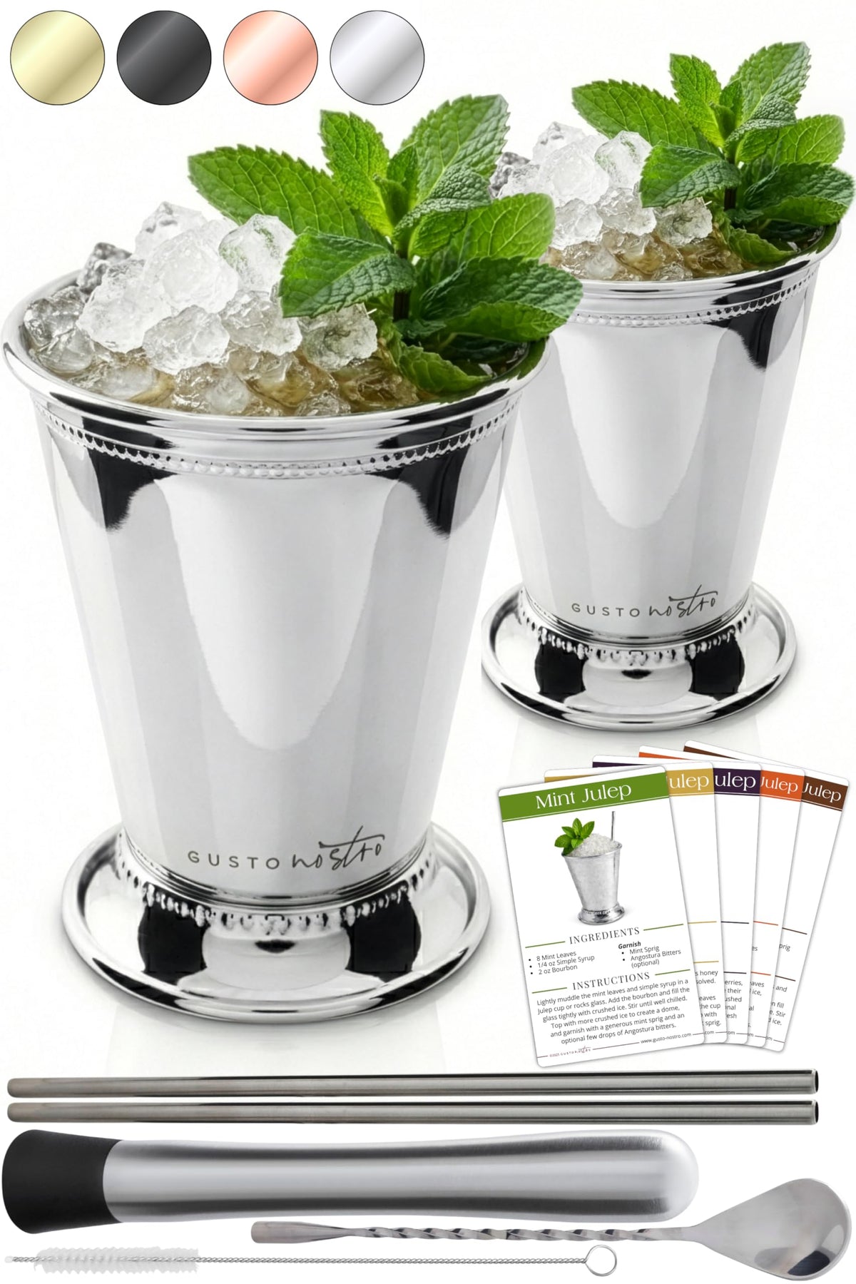 Gusto Nostro Mint Julep Cups Set of 2 - Stainless Steel Julep Cup Kit with Straws, Muddler, Spoon,Recipes, Vases - Southern-style Cocktail Glasses for Home Bar - Stainless Steel Cocktail Cups (Silver)