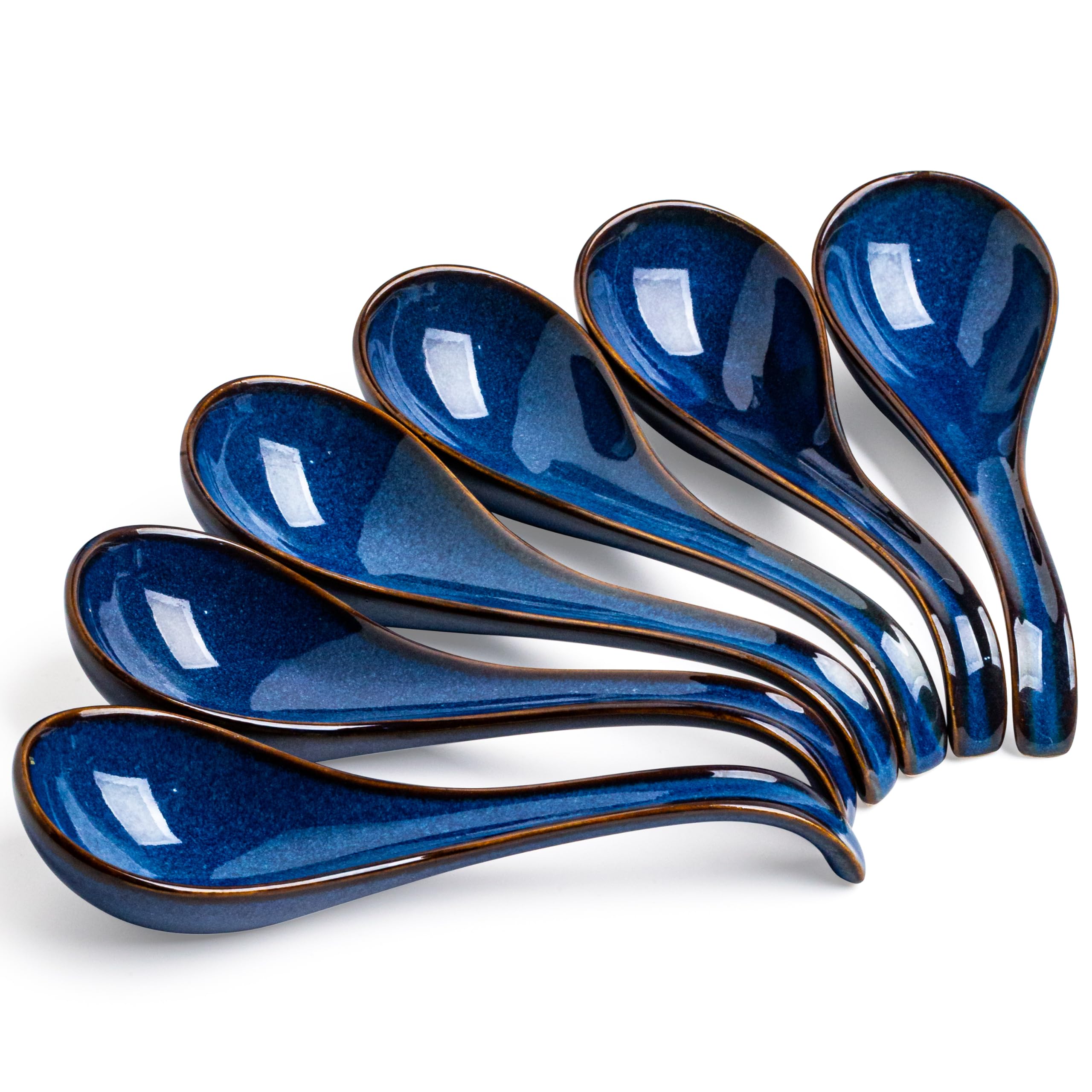 Soup Spoons set of 6, Chinese Deep Soup Spoon - 6.5 inch Ceramic Korean Tablespoons for Ramen, Rice, Noodle, Asian Spoons with Deep Hook Design, Vintage Blue