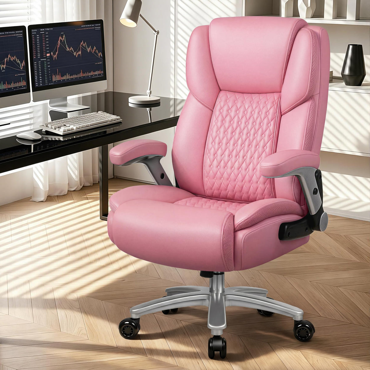 Big and Tall Office Chair 600lbs, Heavy Duty Executive Office Chair for Heavy People, Pink High Back Office Leather Ergonomic Chair with