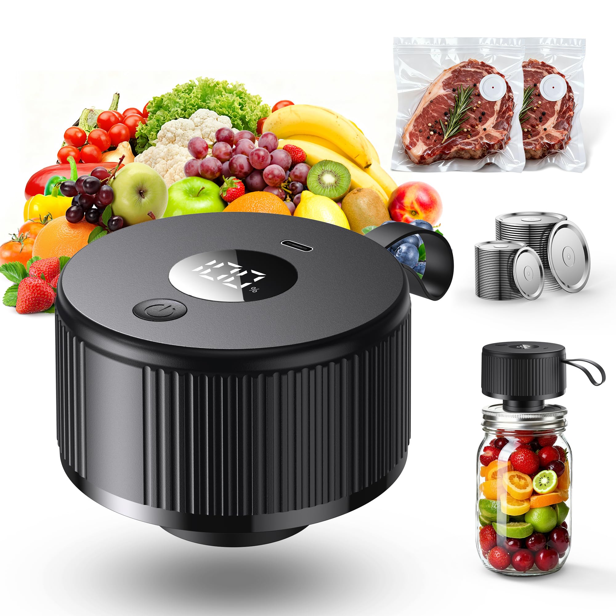 Electric Mason Jar Vacuum Sealer Kit, [2026 Upgraded] Automatic Cordless Jar Sealer for Wide & Regular Mouth Jars, One-Touch Food Saver for Canning, Homesteading & Meal Prep