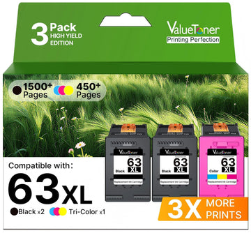 63XL Ink Cartridges Black and Color 3 Pack Replacement for HP Ink 63 XL HP63XL for HP Envy 4520 4512 Officejet 3830 4650 4655 5252 5255 5255 5258 Deskjet 1112 2130 2132 3630 3632 (2 Black, 1 Color)