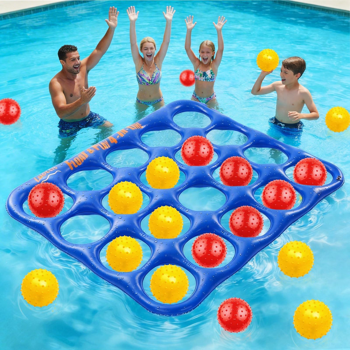 Inflatable 4-in-line Pool Toy Set, Giant Floating 4-in-a-Row Toss Pool Game with 20 Balls for Kids Ages 8–12, Teens & Adults, Summer Pool Party, Pool Tic Tac Toe Game