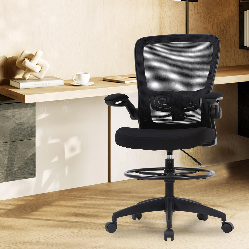 Bestoffice Drafting Chair Tall Office Chair Adjustable Height with Lumbar Support Flip Up Arms Footrest Mid Back Task Mesh Desk Chair Computer