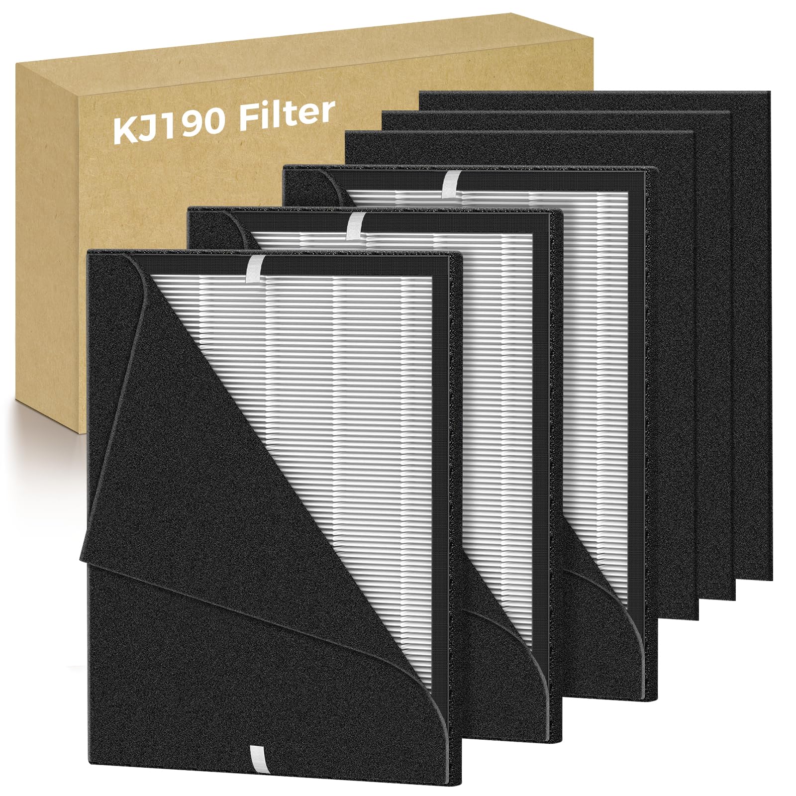 3 PACK KJ190L Filter Replacement Compatible with MOOKA KJ190 KJ190L KJ190H Air Purifier for Home Large Room 2200 Ft², with 6pcs Washable Pre Filter Ture HEPA High-Efficiency Activated Carbon Filter