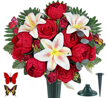 HENOMO Artificial Cemetery Flowers for Grave Vase? Headstone Silk Flower Arrangement, Graveside Decoration- Vibrant Red Camellia Rose Lily Mix Bouquet, Tombstone Memorial Flowers