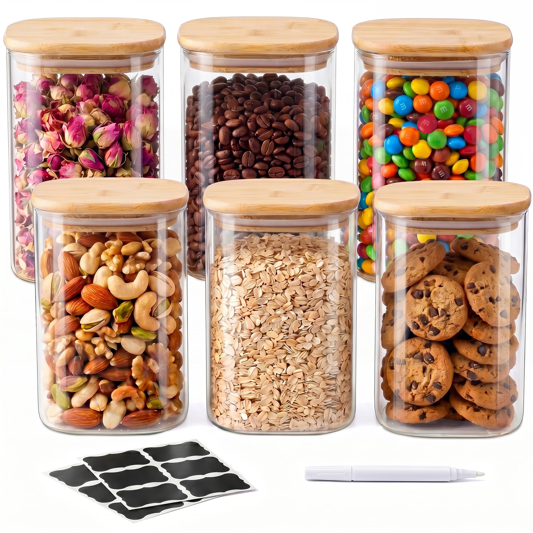 SENTVEND 37 Oz Glass Storage Jars with Bamboo Lids - 6 Pack Clear Glass Canisters Square Airtight Stackable Ideal for Pantry Storage Containers Organizers Great for Storing Oats Coffee Beans Nuts etc