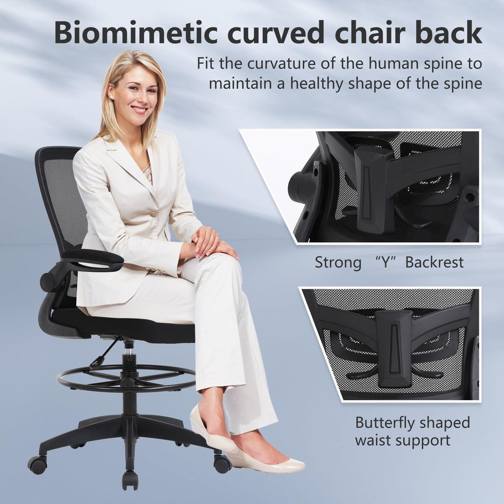 Bestoffice Drafting Chair Tall Office Chair Adjustable Height with Lumbar Support Flip Up Arms Footrest Mid Back Task Mesh Desk Chair Computer