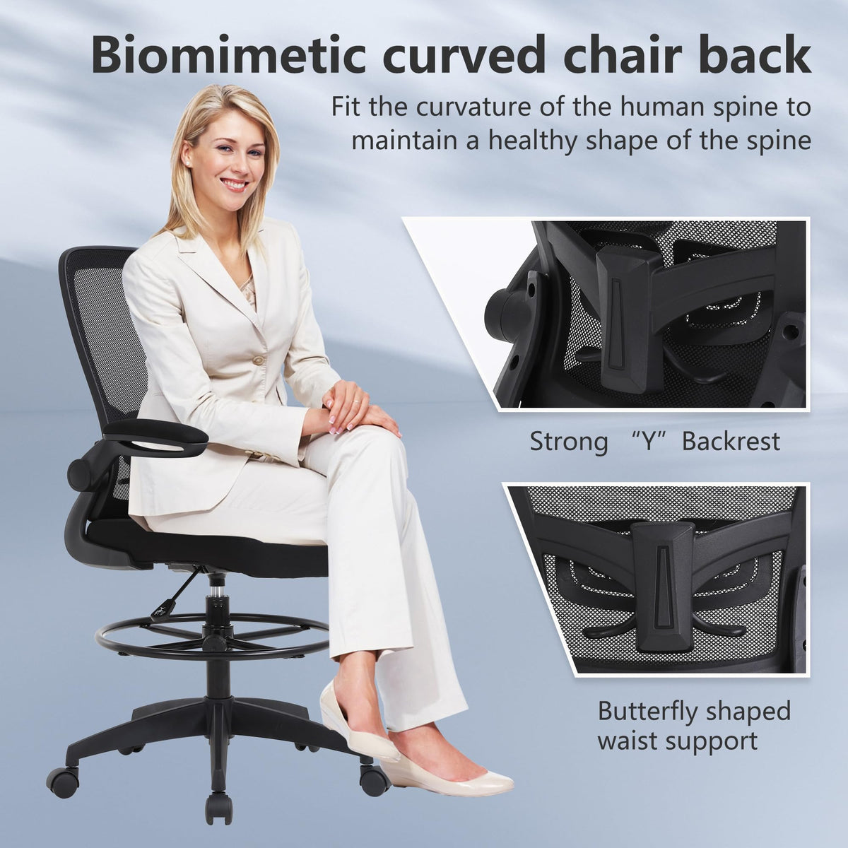 Bestoffice Drafting Chair Tall Office Chair Adjustable Height with Lumbar Support Flip Up Arms Footrest Mid Back Task Mesh Desk Chair Computer